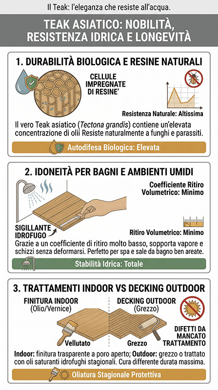 Infografica su Teak asiatico la sua nobiltà, longevità e resistenza