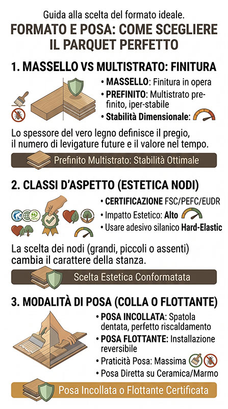 Guida alla scelta del formato di parquet Infografica sulla scelta della tipologia e formato del parquet