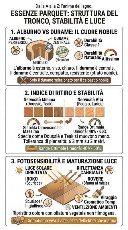 Guida alla scelta delle essenze del parquet Infografica sulla tipologia di essenze