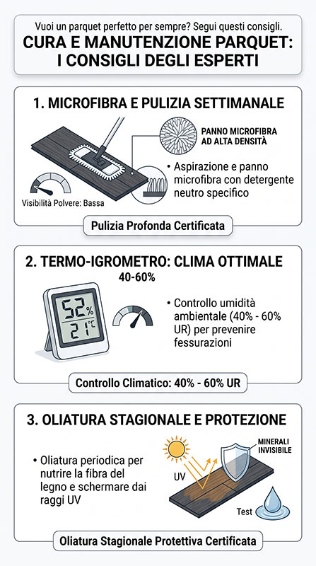 Guida alla manutenzione e cura del parquet Infografica sulla manutenzione e cura del parquet