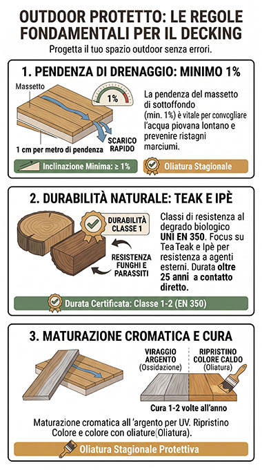 Infografica sulle regole per la protezione del decking outdoor