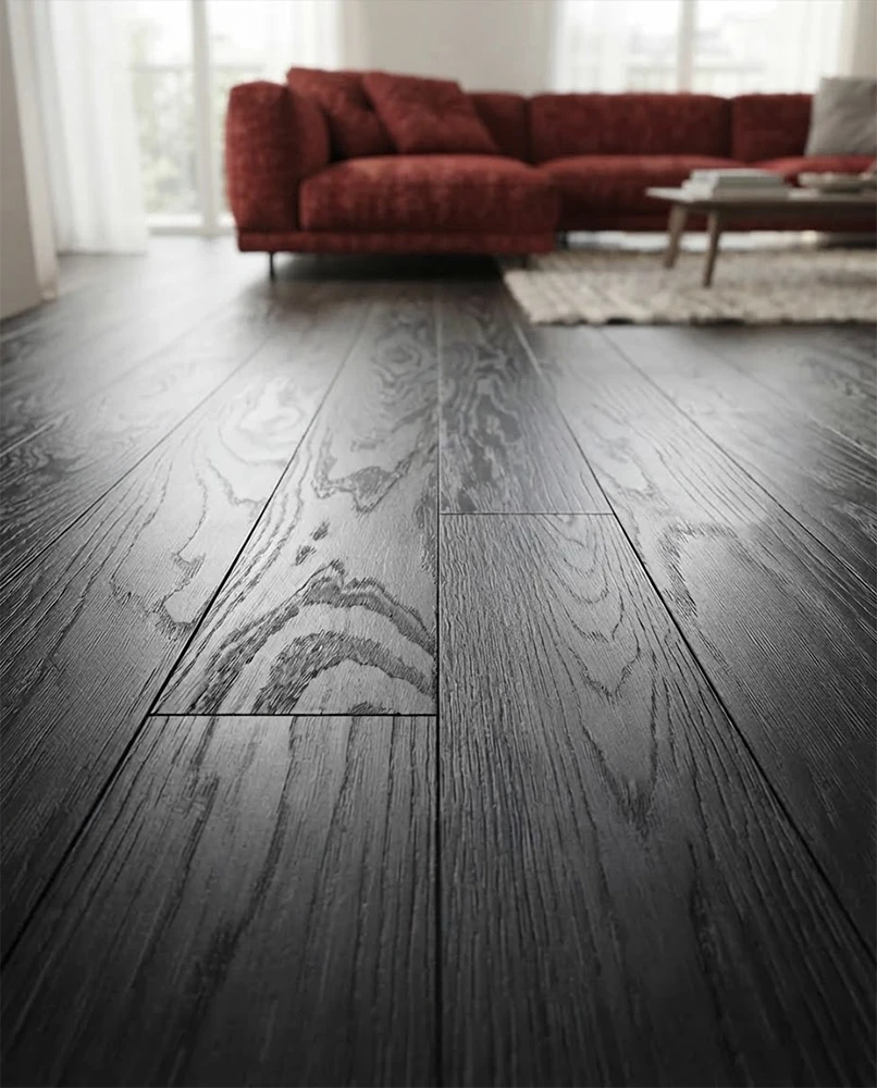 rovere nobile parquet rovere massello colore nero carbon con nodi maxiplancia di spessore 12 00